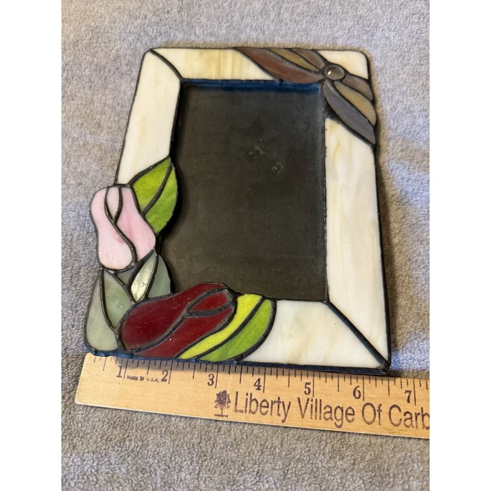 Vintage Colorful Stained Glass Picture Photo Frame W 3D Rose Floral Motif 1990s